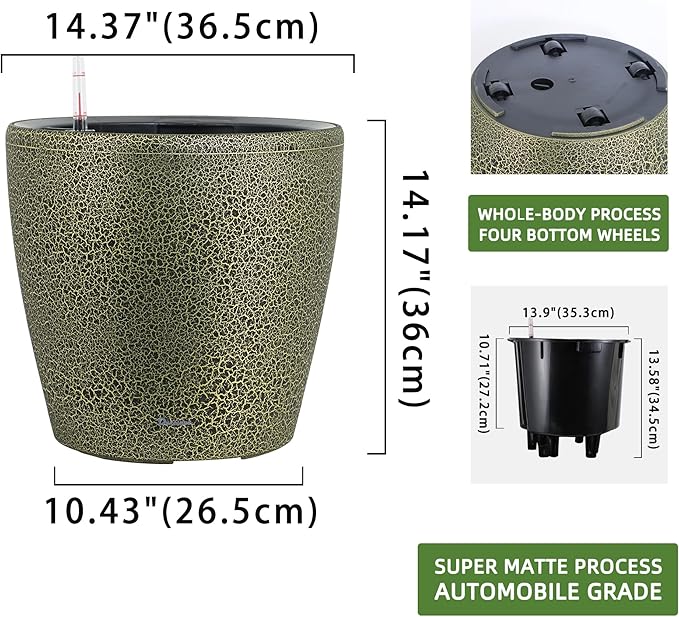 Dexceder 15x14 Self Watering Planter with Wheels (Black Gold Crackle) | Inner Pot Design, Thickened Large Floor Standing Flower Plant Pot with Water Level Indicator Indoor Outdoor