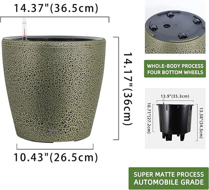 Dexceder 15x14 Self Watering Planter with Wheels (Black Gold Crackle) | Inner Pot Design, Thickened Large Floor Standing Flower Plant Pot with Water Level Indicator Indoor Outdoor