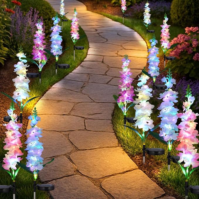 4-Pack Solar Delphinium Garden Decor, 4 LED Flower Stake Lights - Waterproof Long-Lasting Outdoor Solar Patio Decor for Lawn, Yard & Pathway
