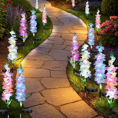4-Pack Solar Delphinium Garden Decor, 4 LED Flower Stake Lights - Waterproof Long-Lasting Outdoor Solar Patio Decor for Lawn, Yard & Pathway