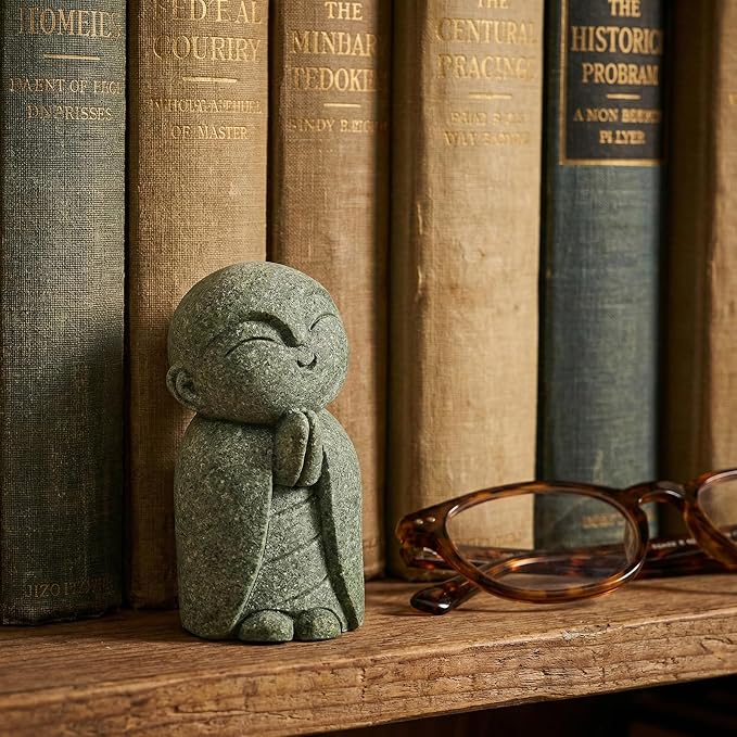 Jizo Statue, Little Monk Buddha Figurines for Zen Garden and Aquarium, Natural Sandstone Sculpture with Tilt Smile, Meditation Decor for Home Office Desk, Grey (Jizo Monk)
