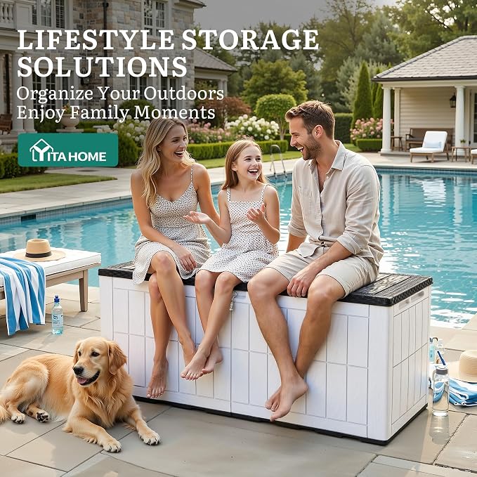 YITAHOME 134 Gallon Large Deck Box | Waterproof Resin Outdoor Storage Box with Lock and 2-Person Bench Seating for Patio Furniture Cushions,Garden Tools & Pool