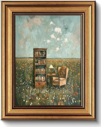 Gold Framed Vintage Book Nook Canvas Wall Art for Library Reading Room,Whimsical Bookshelf Print Pictures, Book Lover Wall Decor 12"x16"