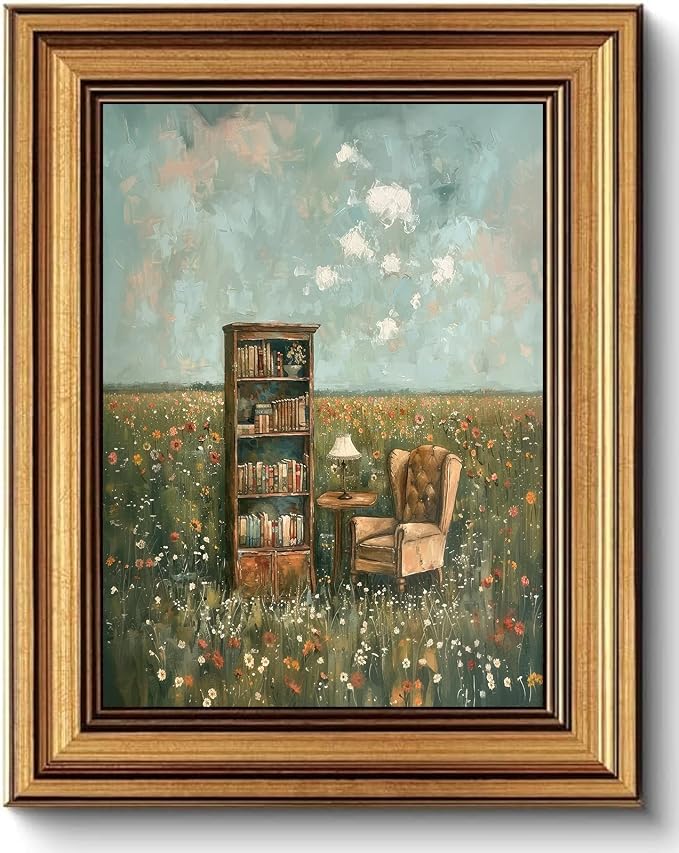 Gold Framed Vintage Book Nook Canvas Wall Art for Library Reading Room,Whimsical Bookshelf Print Pictures, Book Lover Wall Decor 9"x11"