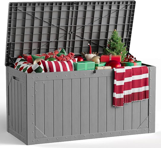 Outdoor Storage Box, 98 Gallon Deck Box, Outdoor Storage Bench, Waterproof Resin Storage Bench with Lockable Lid, Patio Furniture Cushions & Garden Tools Storage, UV Resistant (Gray)