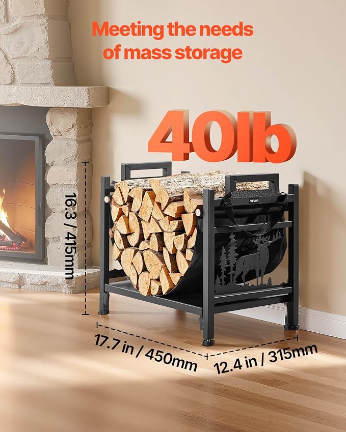 VEVOR Indoor Firewood Rack, 1.5 ft Curved Log Holder with Canvas Carrier, 40lb Weight Capacity Wood Storage Stand, Powder-Coated Steel Firewood Holder, Heavy Duty Wood Pile Stacker Rack for Fireplace