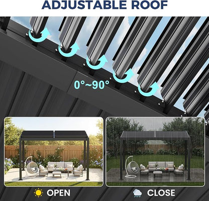 10' x 12' Louvered Pergola, Aluminum Frame Outdoor Pergola with Adjustable Louvered Roof & Integrated Gutter System, Hardtop Patio Gazebo for Backyard, Patio, Garden, Dark Gray