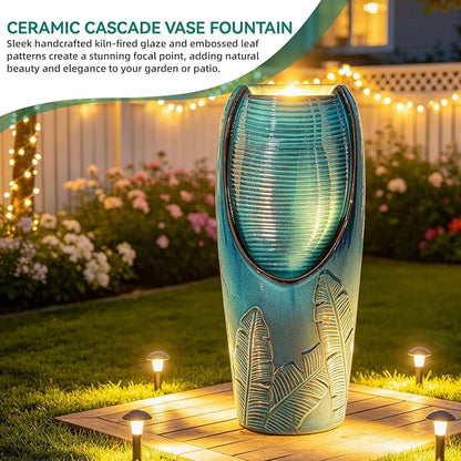 Autodaya 33" H Ceramic Jar Outdoor Water Fountain, Banana Leaf-Texture | Artisan High-Fired Glaze, Warm Ambient LED Lighting, Upgraded Pump, Soothing Cascading Water Feature For Garden Patio Yard