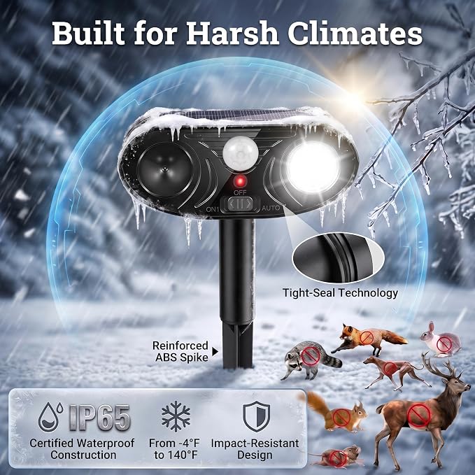 2026 Upgraded Solar Ultrasonic Animal Repellent Deer Cat Squirrel Deterrent Devices Motion Activated with LED Strobe Light Repeller Keep Dog Raccoon Skunk Rabbit Away from Yard Garden Farm 4 Pack
