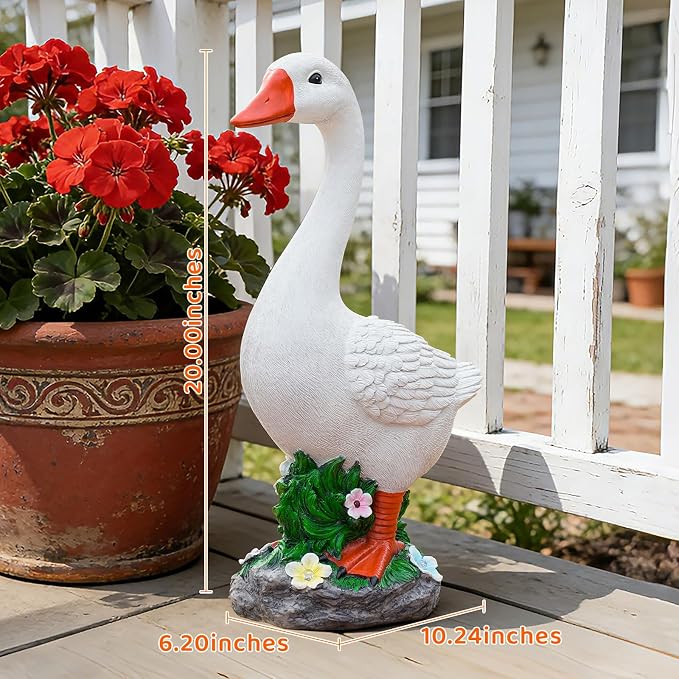 Large Porch Goose Statue with Solar Garden Light,20 Inch Realistic Hand-Painted Goose Sculpture, All-Weather Resin Outdoor Decor for Garden, Yard, Patio, Fits Standard Goose Porch Duck Outfits,White