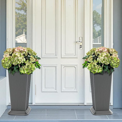 FENCY Set of 2 Tall Planters for Outdoor Plants, Gray Ribbed | 24 Inch, with Drainage Hole & Trays, Plastic Tapered Pots, Weather-Resistant, Front Door Decor