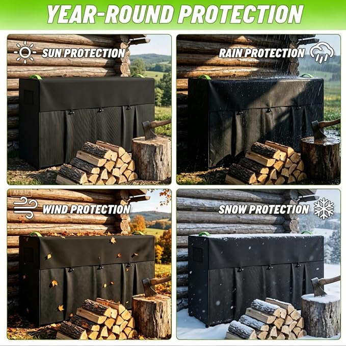 8ft Firewood Rack Cover, 600D Outdoor Waterpoof Log Rack Cover | Front Roll-up Openings, Reflective Handles, Retaining Clips, Air vents, Firewood Rack Cover ( Cover Only) , 95x25x45"