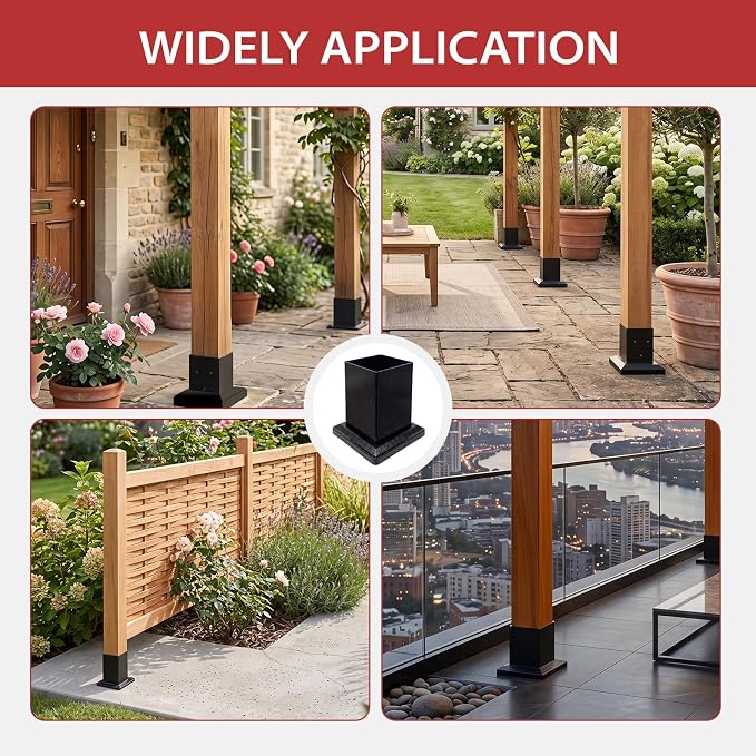 4 Pack 4x4 Post Base with Decorative Cover, Heavy Duty Iron Post Base, 3.6" x 3.6" Inner Size, Black Powder Coated Deck Post Base for Concrete, Pergola, Fence, Porch Railing, Gazebo