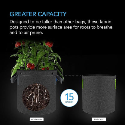 AC Infinity Heavy Duty Fabric Pots, 15 Gallon Aeration Reusable Grow Bags 5-Pack with 500G Thick Nonwoven Fabric and Multi-Purpose Rings, for Plant Hanging and Low Stress Training