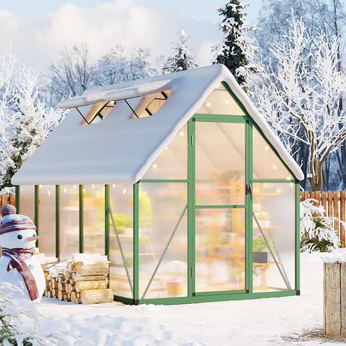 CABIHOME 8x12 FT Outdoor Greenhouse, Polycarbonate Greenhouse with Roof Vent and Ground Nails, Aluminum Large Walk-in Green House w/ Lockable Push Door for Outdoor Garden (Green, 6x9 FT)