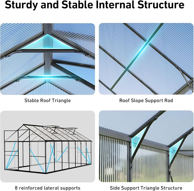 8x10FT Greenhouses for Outdoors with Hygrometer, Polycarbonate Green Houses for Outside Heavy Duty with Aluminum Frame, Walk in Greenhouses with Drainage Channel Roof Vent for Backyard or Garden Use