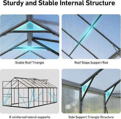 8x10FT Greenhouses for Outdoors with Hygrometer, Polycarbonate Green Houses for Outside Heavy Duty with Aluminum Frame, Walk in Greenhouses with Drainage Channel Roof Vent for Backyard or Garden Use