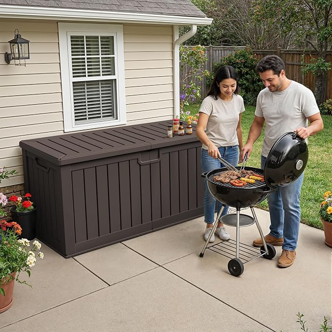 240 Gallon HDPE Deck Box Outdoor Indoor Waterproof Storage Box for Patio Furniture, Pool Accessories, Garden Tools, and Cushion Storage, Brown