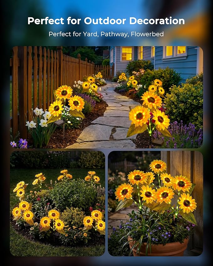 Brightown 6 Pack 3 Head Solar Sunflower Garden Stake Lights Waterproof | 18 glowing stem sunflowers, waterproof solar powered, auto on off decorative stakes for yard, patio, lawn outdoor decoration