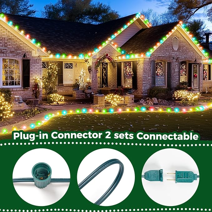 Minetom C9 Bulb Christmas Lights Outdoor, 50FT Multicolored String Lights | Waterproof Outdoor Lights for Backyard Patio Room Christmas Tree Party Holiday Decoration, E17 Base, 50 +2 Bulbs, Green Wire