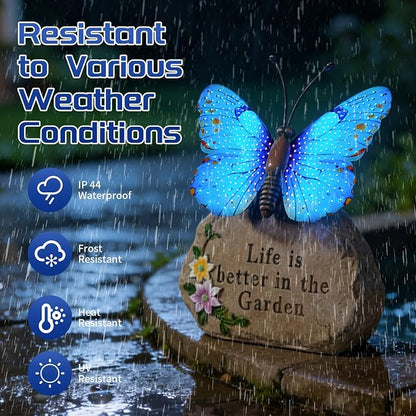 Solar LED Butterfly Garden Statue with Sparkling Light-Up Wings - Outdoor Yard Patio Decor Figurine, for Women Mom Grandma (Blue)