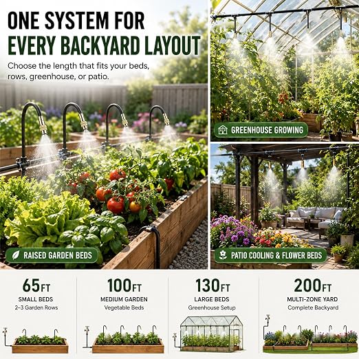 5/16" Drip Irrigation System 65 ft with 16-Pcs 360° Adjustable Copper Nozzles, Automatic Misting Watering System for Garden, Raised Beds, Greenhouse (65ft+16 nozzles)