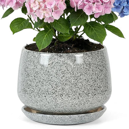 10.3 Inch Flower pots for Indoor Outdoor Plants with Saucer Drainage Leak-Proof Mesh, Ceramic Planter with Gardening Gloves for Succulent and Flower (Gray White)