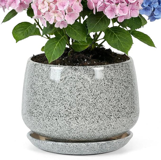 10.3 Inch Flower pots for Indoor Outdoor Plants with Saucer Drainage Leak-Proof Mesh, Ceramic Planter with Gardening Gloves for Succulent and Flower (Gray White)