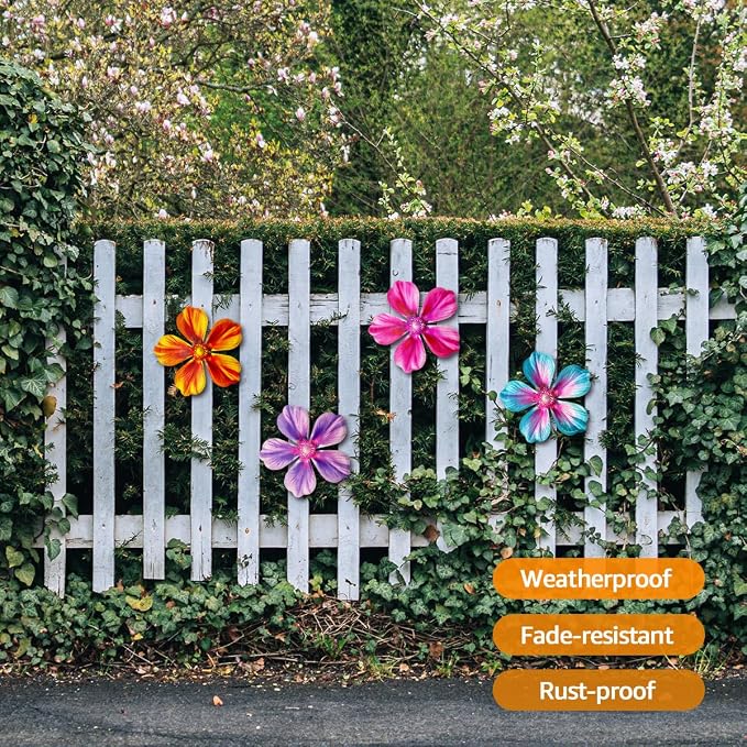 Giyyomtr Metal Flowers Wall Decor - 4pcs Metal Wall Art Hanging Decorations for Outdoor Fence Garden Yard Patio Exterior Wall Decor
