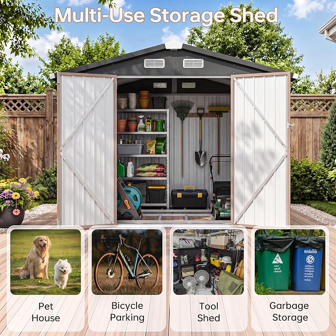 8x6FT Outdoor Storage Shed Brown | Metal Garden Tool Shed with Sloping Roof & Lockable Door for Garden, Patio, Backyard