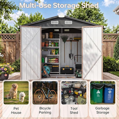 8x6FT Outdoor Storage Shed Brown | Metal Garden Tool Shed with Sloping Roof & Lockable Door for Garden, Patio, Backyard