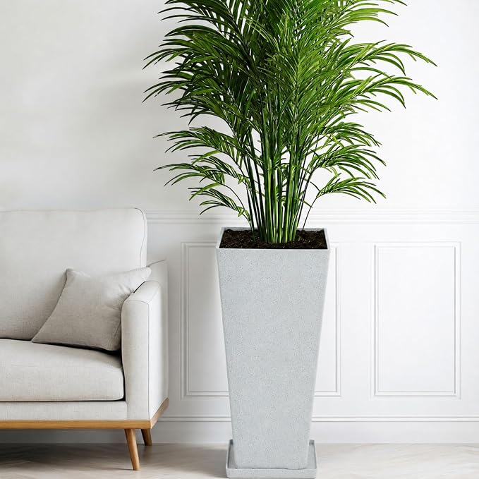 2-Pack 28" White Terrazzo Tall Tapered Planters with Drainage Holes | Set of 2 PP tall planters with white terrazzo finish, drainage plugs, and UV-treated surface for porch, patio, or indoors