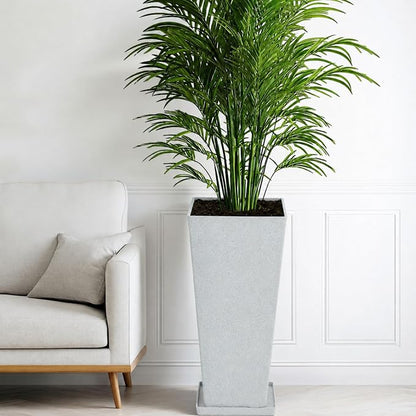 2-Pack 28" White Terrazzo Tall Tapered Planters with Drainage Holes | Set of 2 PP tall planters with white terrazzo finish, drainage plugs, and UV-treated surface for porch, patio, or indoors
