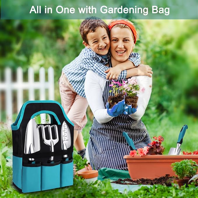 Kynup 7-Piece Gardening Tools Set, Heavy Duty Garden Tools Kit with Garden Trowel, Garden Hand Shovel, Repotting Mat, Rust Resistant, Gardening Essentials & Supplies, Bag, Gifts Kits for Women