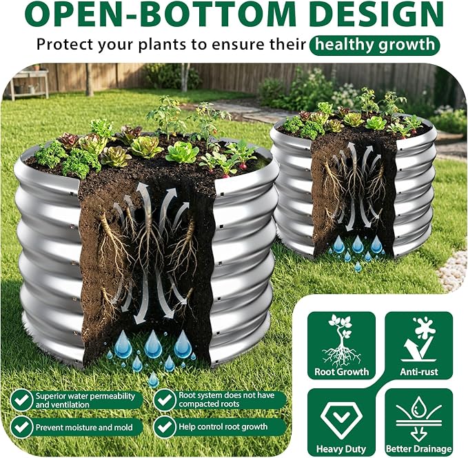 24" Diameter Round Raised Garden Bed - 17 Inch Tall, Heavy-Duty Galvanized Steel Planter Box with Wave-Shaped Panels for Vegetables, Herbs & Flowers (2, Silver, 24 Inch Diameter)