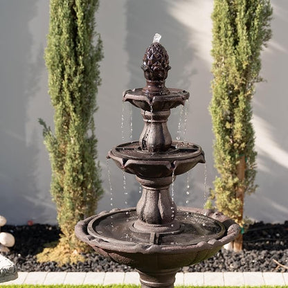 XBrand 3-Tier Water Fountain w/Pump & Pineapple Top, 51 Inch Tall, Brown, Large Outdoor Freestanding Waterfall Decor for Porch, Lawn and Garden