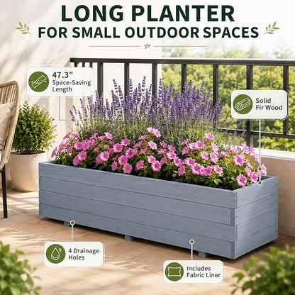 Fir Wood Raised Garden Bed Rectangular Planter for Outdoor Tomato Planter | For Herbs & Flowers Garden Includes Fabric Planter Liner, 4 Drainage Holes