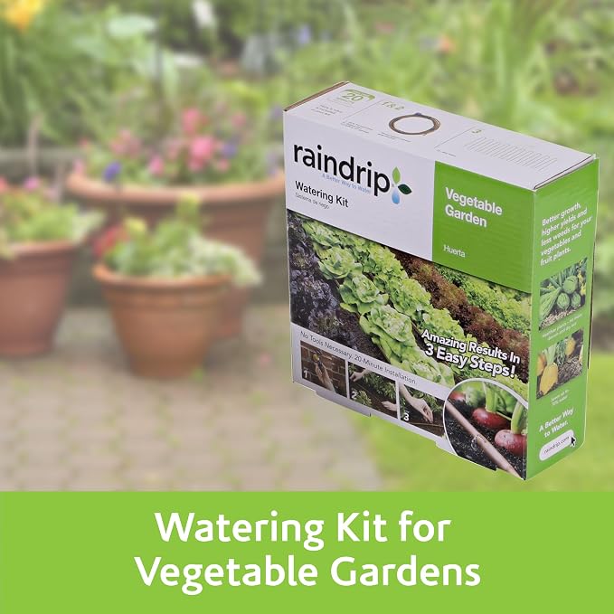 Raindrip R567DT Drip Irrigation Watering Kit for Vegetable Gardens Includes 50 feet of 1/4-Inch Dripline, 3/4-Inch FHT Adapter, 10 Hold-Down Stakes, 1 End Plug