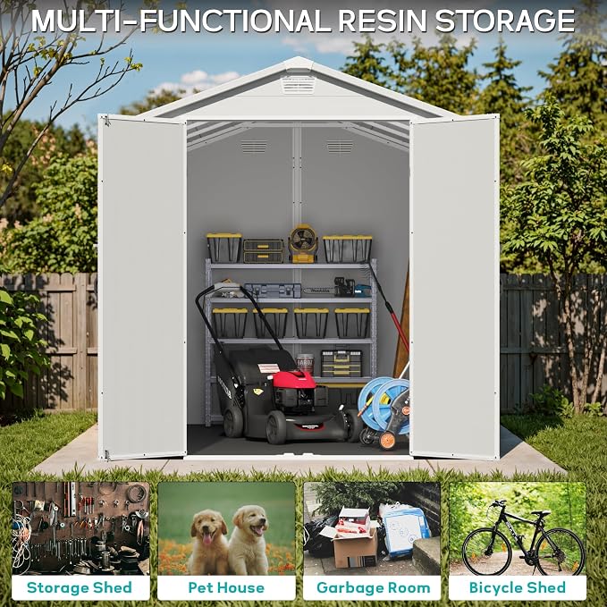 Greesum 6x10FT Plastic Outdoor Storage Shed with Floor, Resin Storaged Sheds with Lockable Double Door, Windows & Vents, All-Weather Tool Sheds for Patio, Garden, Backyard, Light Gray