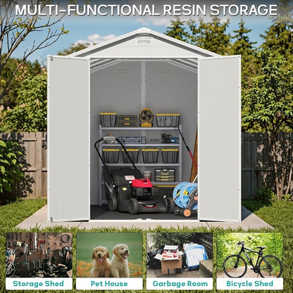 Greesum 6x10FT Plastic Outdoor Storage Shed with Floor, Resin Storaged Sheds with Lockable Double Door, Windows & Vents, All-Weather Tool Sheds for Patio, Garden, Backyard, Light Gray