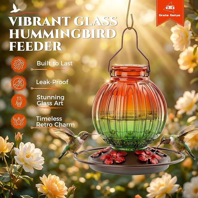 Glass Hummingbird Feeder for Outdoors Hanging, 26Oz Bird Nectar Feeder with Perch & 5 Flower Feeding Ports, Leak Proof for Outside Garden Decor Backyard, Gifts for Women Mom, Orange & Green
