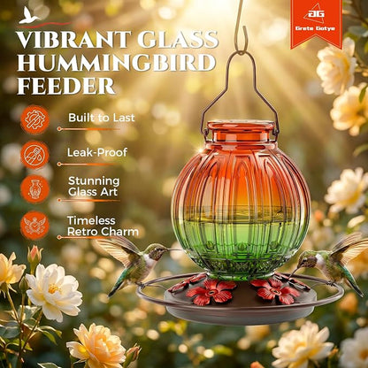 Glass Hummingbird Feeder for Outdoors Hanging, 26Oz Bird Nectar Feeder with Perch & 5 Flower Feeding Ports, Leak Proof for Outside Garden Decor Backyard, Gifts for Women Mom, Orange & Green