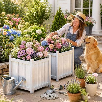 2-Pack 16" White Fir Wood Square Planter Boxes with Drainage Holes | Set of 2 whitewashed fir wood planters with removable bases, liners, and drainage holes for porch, patio, or garden