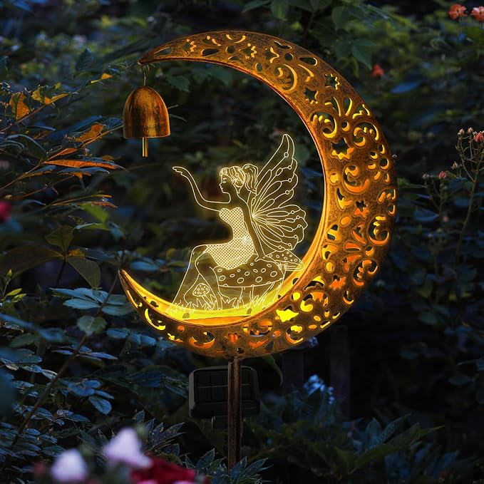 Solar Fairy Moon Figurine Light, Waterproof Garden Stakes Decor Outdoor Yard Decorations for Lawn, Patio,Yard, Pathway,Housewarming Ornament Gifts Ideas for Gardening Mom Grandma