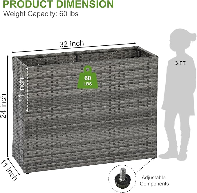 LEWIS&WAYNE Tall Planters for Outdoor Wicker Large Rectangular Block Box | All-Weather, Handmade PE Rattan, Removable Liner, Indoor Outdoor, Patio Porch Garden, Modern Design