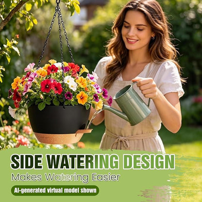 8 Inch Self Watering Hanging Planters Set of 3 with Saucers | Set of 3 8-inch self-watering hanging planters with side-fill watering ports, chain hangers & snap-on saucers