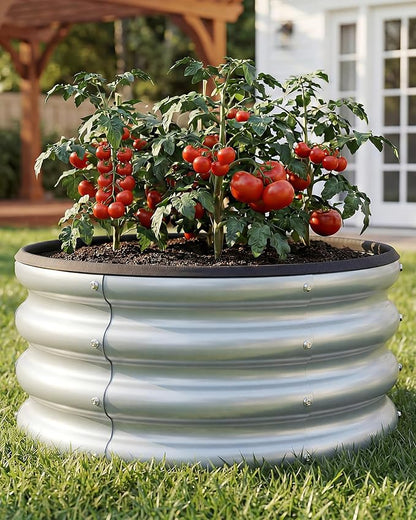 2 x 2 x 1 ft Round Raised Garden Bed, Silver 1 Pack 0.6 mm Thick Galvanized Steel Planter Box with Double Layer Paint and Safety Edge Trim for Vegetables Flowers Herbs Outdoor Garden