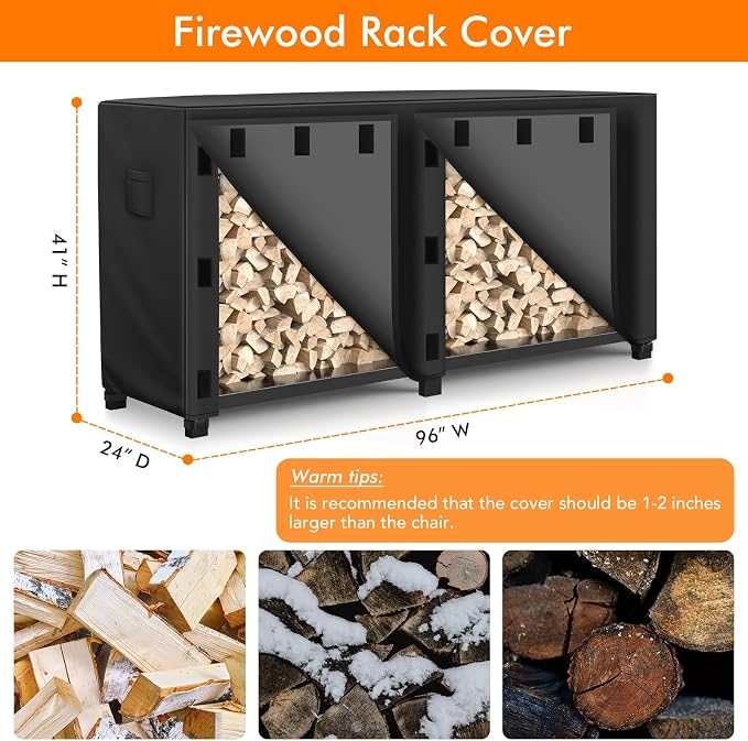 WLEAFJ 8 foot Outdoor Firewood Rack Cover Waterproof, Log Rack Cover, Wood Cover for Log Holder, 96" W x 24" D x 41" H, Black