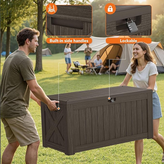 130 Gallon Deck Box Outdoor Indoor Waterproof Storage Box for Patio Furniture, Pool Accessories, Garden Tools, and Cushion Storage, Brown
