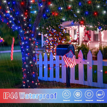 JMEXSUSS 2 Pack Solar String Lights, Red White and Blue, Total 200LED 66ft | Patriot Solar Lights Outdoor Waterproof, 8 Modes 4th of July Lights for Independence Day Patio Yard Tree Decorations